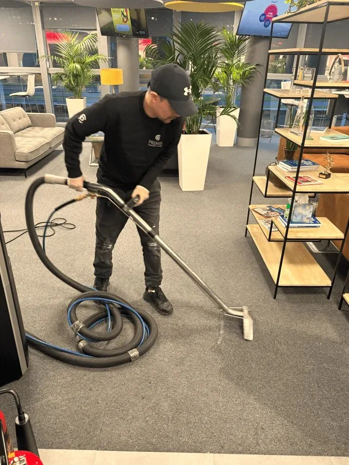 Premier technician deep cleaning office carpet with an extraction machine